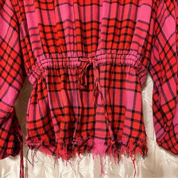 Free People Pink Red Combo Plaid Ruched Sleeve Pacific Dawn Blouse - Picture 7 of 14